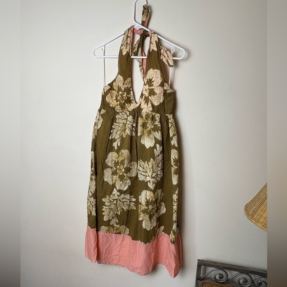 Tocca Olive Floral Dress with Pink Lining